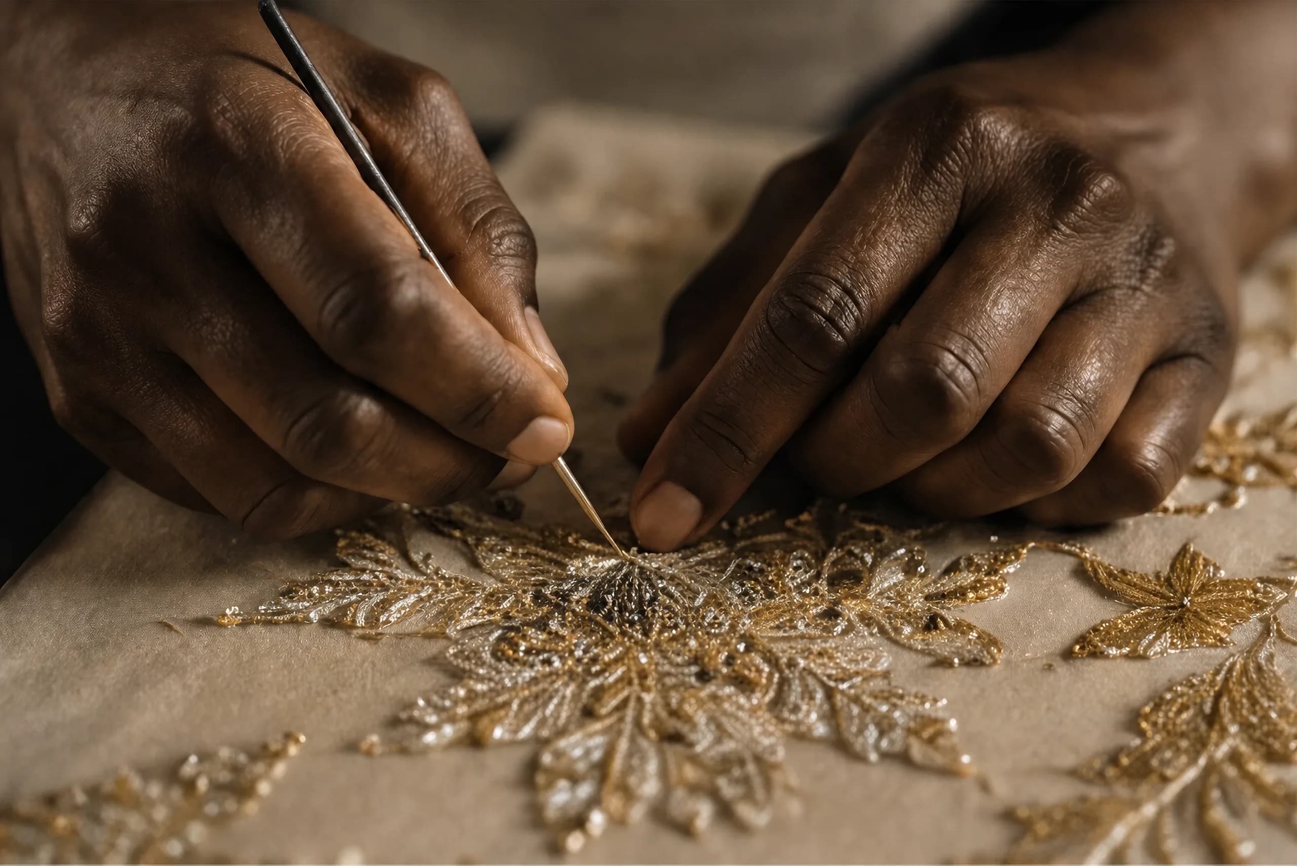 Mains d'artisan brodant un motif de fils d'or — atelier Niamien